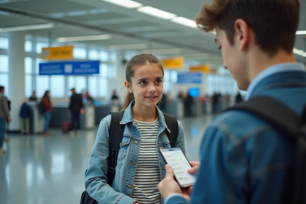 Adolescente de 16 ans présentant sa carte d'identité au comptoir d'enregistrement d'un aéroport