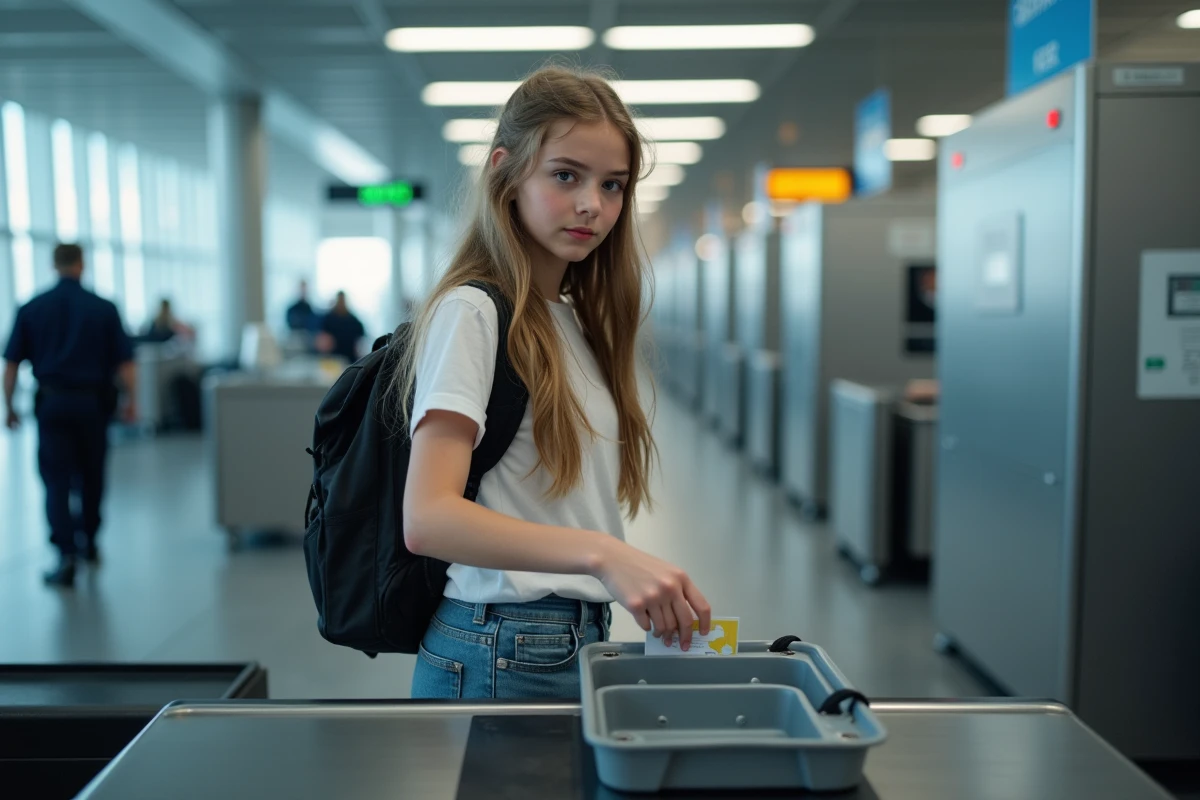 Adolescente voyageant seule passant le contrôle de sécurité à l'aéroport avec sa carte d'identité