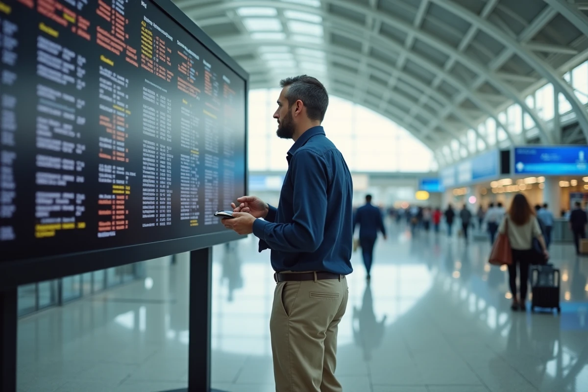 Voyageur consultant le tableau des départs dans un grand aéroport international avant un vol Paris Sydney