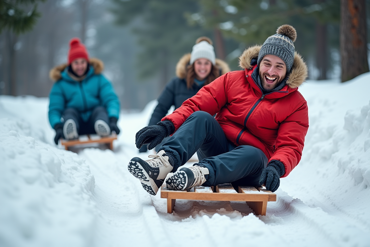 Amis dévalant une pente en luge en hiver