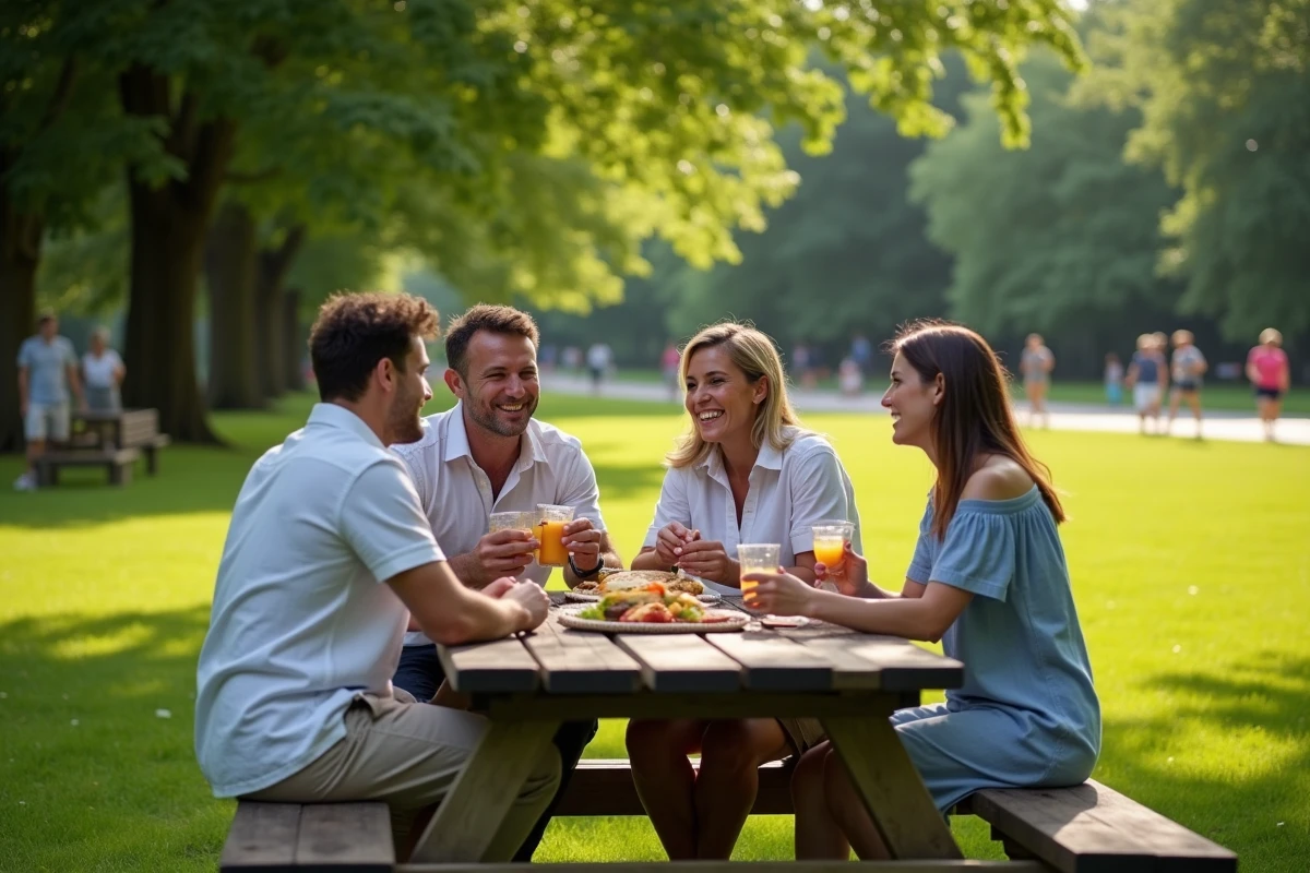 Groupe d'amis pique-niquant au parc St. Stephen's Green à Dublin en été