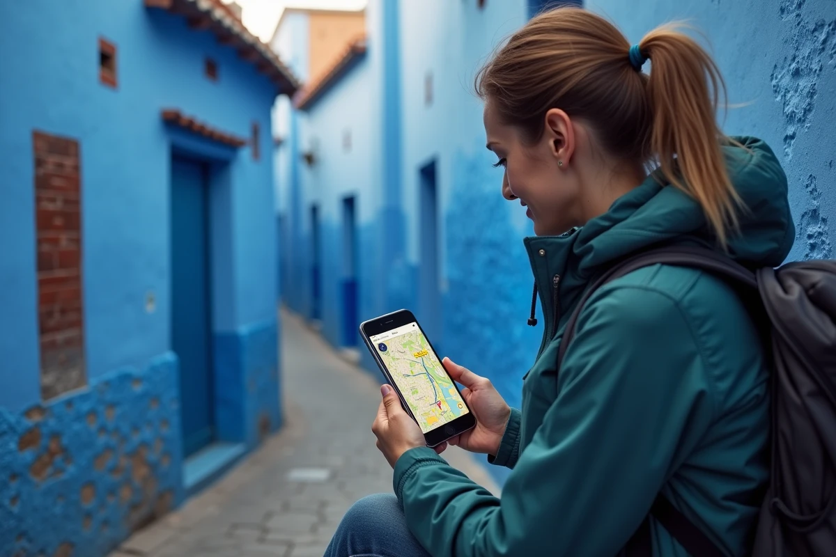 Femme utilisant une application de navigation sur smartphone dans la médina de Chefchaouen