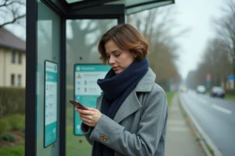 Femme attendant sereinement à un arrêt de bus moderne à Rodange, Luxembourg, en consultant son téléphone sous un abri en verre et acier