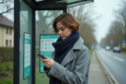 Femme attendant sereinement à un arrêt de bus moderne à Rodange, Luxembourg, en consultant son téléphone sous un abri en verre et acier