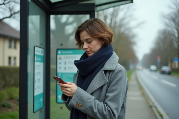 Femme attendant sereinement à un arrêt de bus moderne à Rodange, Luxembourg, en consultant son téléphone sous un abri en verre et acier