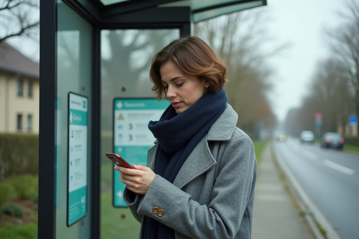 Femme attendant sereinement à un arrêt de bus moderne à Rodange, Luxembourg, en consultant son téléphone sous un abri en verre et acier