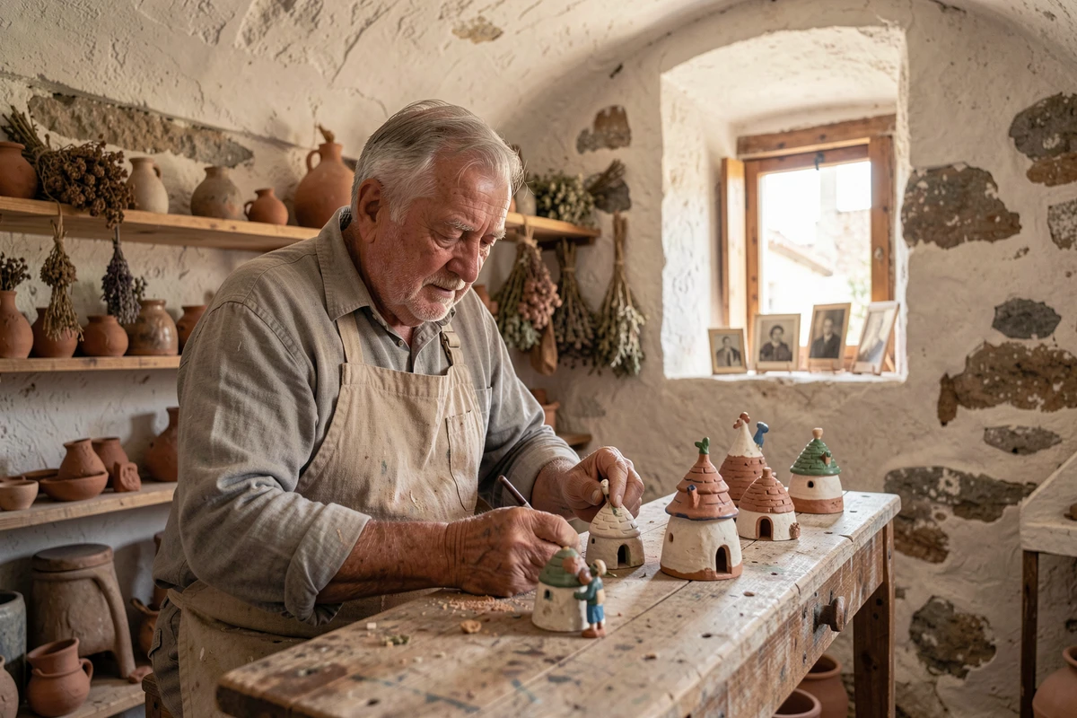 Artisan âgé peignant des céramiques en forme de trullo dans son atelier traditionnel d'Alberobello, quartier Rione Aia Piccola