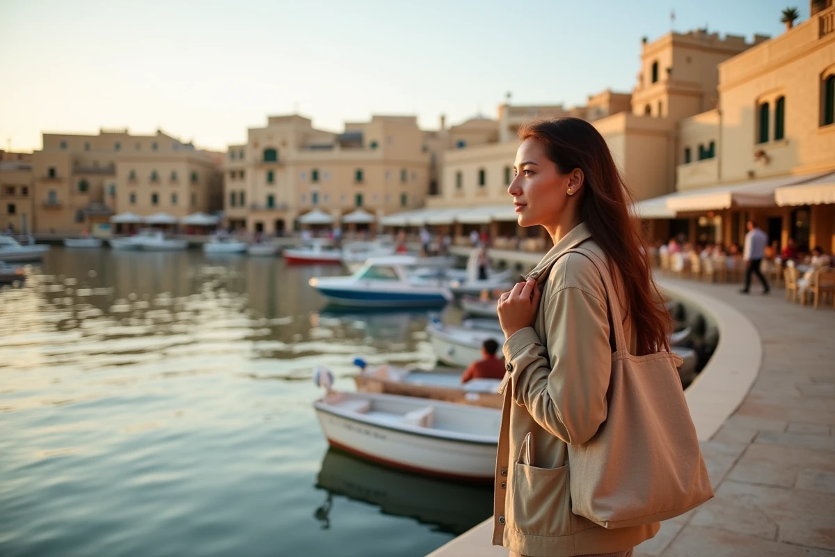 Voyageuse solitaire se promenant le long de la baie de Spinola à Saint-Julien Malte au coucher du soleil