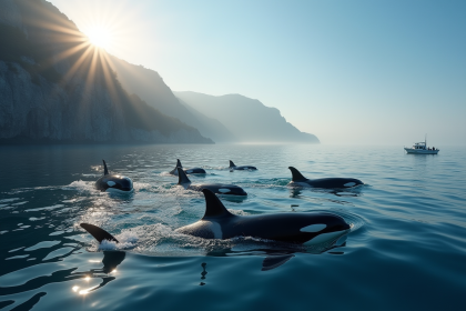 Groupe d orques nageant près d une côte rocheuse au lever du soleil