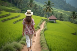 Jeune femme marchant dans les rizières balinaises