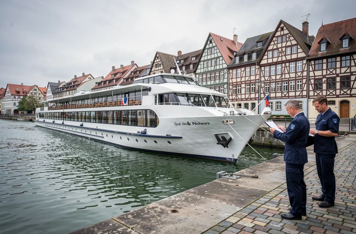Bateau de croisière fluviale amarré au bord de l'Ill à Strasbourg avec les maisons alsaciennes en arrière-plan