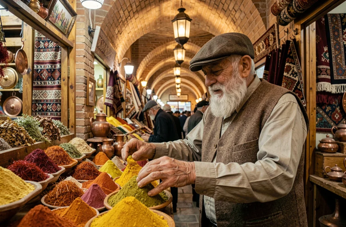 Marchand de safran et d'épices dans le bazar traditionnel couvert de Hamadan en Iran