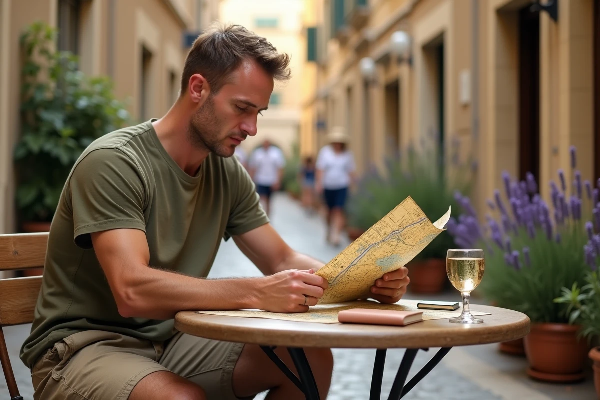 Homme consultant une carte routière en papier en terrasse d'un café de village provençal lors d'un voyage estival économique