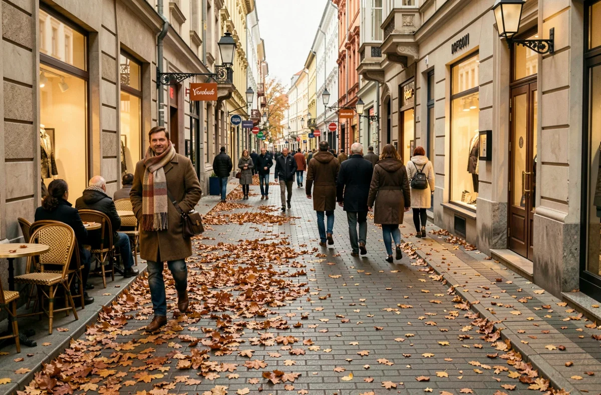 Boulevard Vitosha à Sofia en automne avec des feuilles dorées et des promeneurs lors de la basse saison touristique