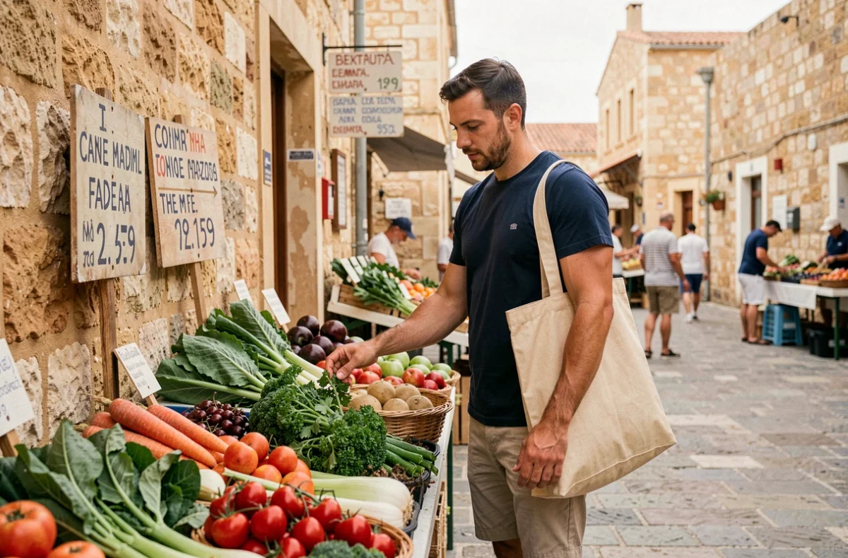 Voyageur faisant ses achats sur un marché local à Gozo pour économiser sur son budget alimentaire à Malte