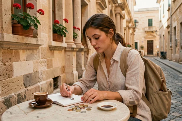 Voyageuse calculant son budget voyage à Malte dans un café en plein air à La Valette, avec des pièces d'euro et un carnet de voyage sur la table