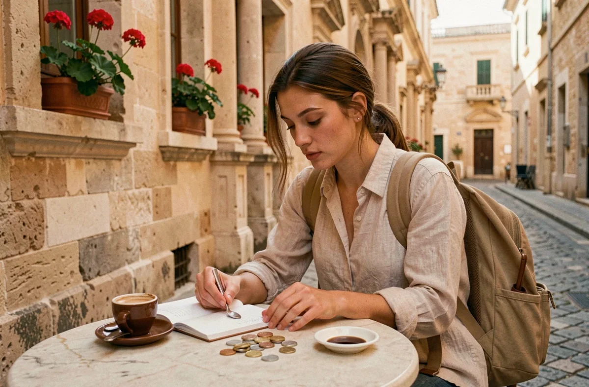Voyageuse calculant son budget voyage à Malte dans un café en plein air à La Valette, avec des pièces d'euro et un carnet de voyage sur la table