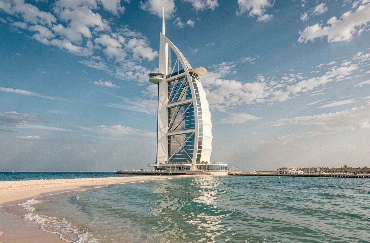Vue panoramique de la silhouette emblématique du Burj Al Arab à Dubaï depuis la plage de Jumeirah avec la mer turquoise en premier plan
