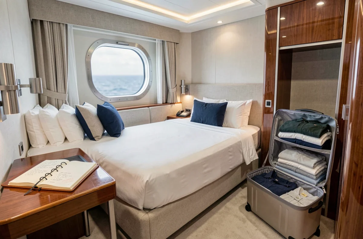 Cabine intérieure d'un paquebot de croisière tour du monde avec planification de budget voyage sur bureau