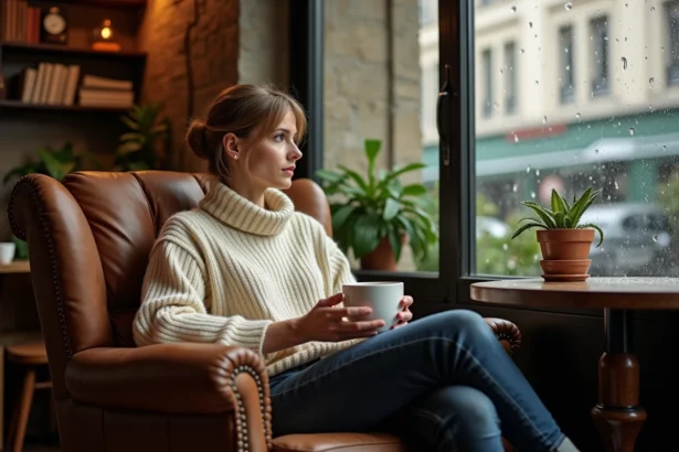 Femme tenant un café au lait dans un café parisien cosy par temps de pluie, ambiance chaleureuse et feutrée