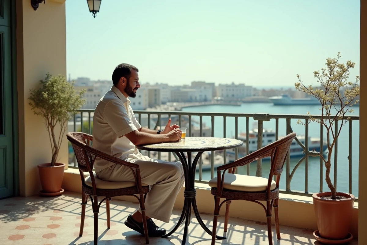 Homme marocain attablé seul dans un café de Tanger pendant le ramadan avec vue sur le port