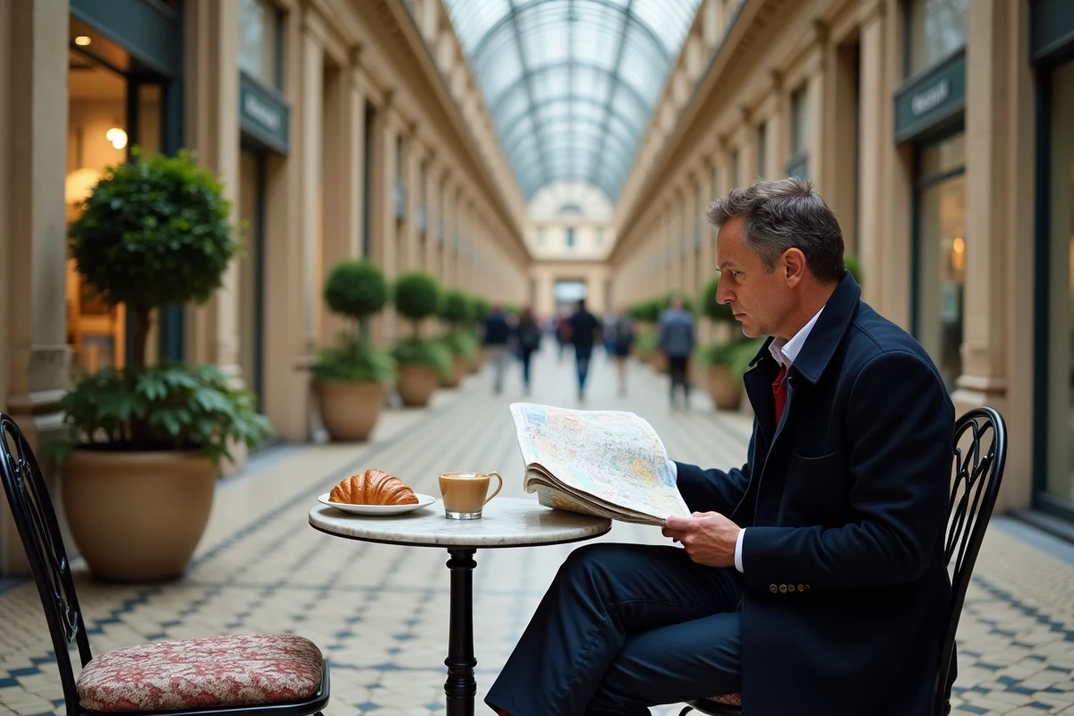 Terrasse de café au cœur du passage Vivienne avec un homme consultant une carte de Paris