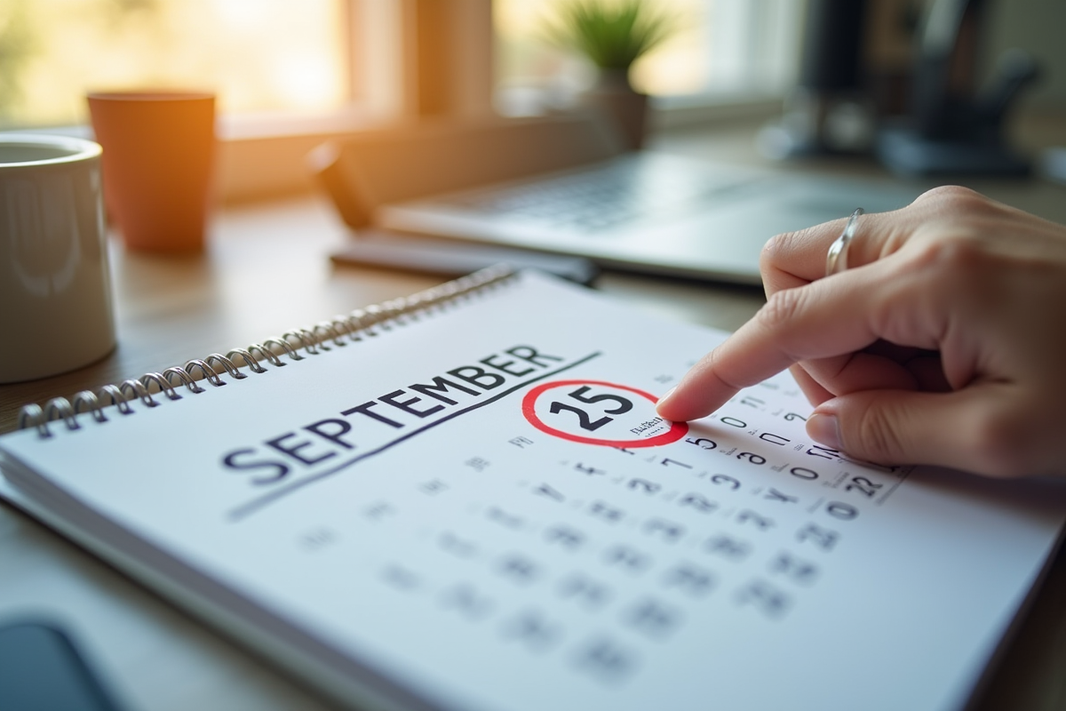 Main pointant vers la date 15 septembre 2025 sur un calendrier