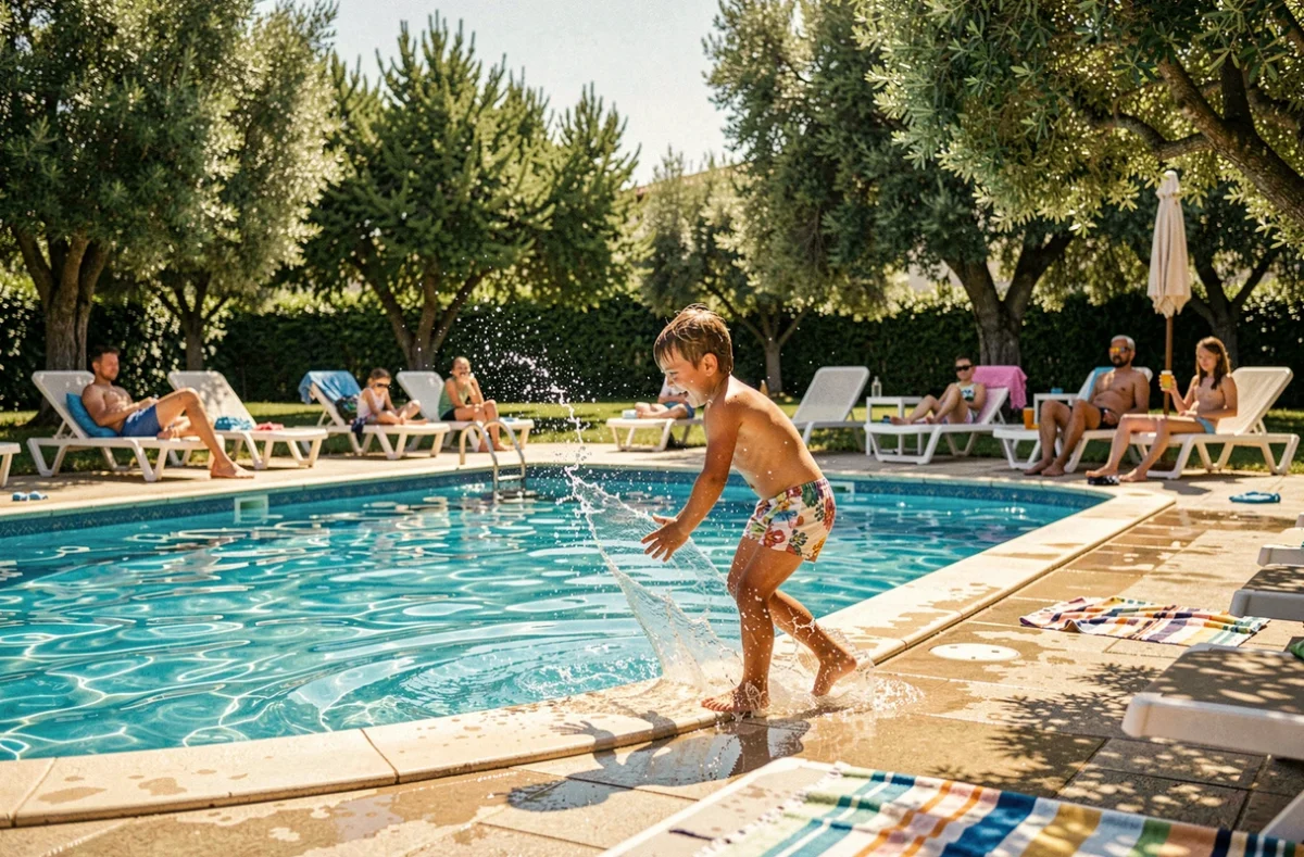 Camping Aux Rives du Soleil dans l'Ain avec piscine chauffée ensoleillée entourée de transats et d'arbres, familles se détendant au bord de l'eau