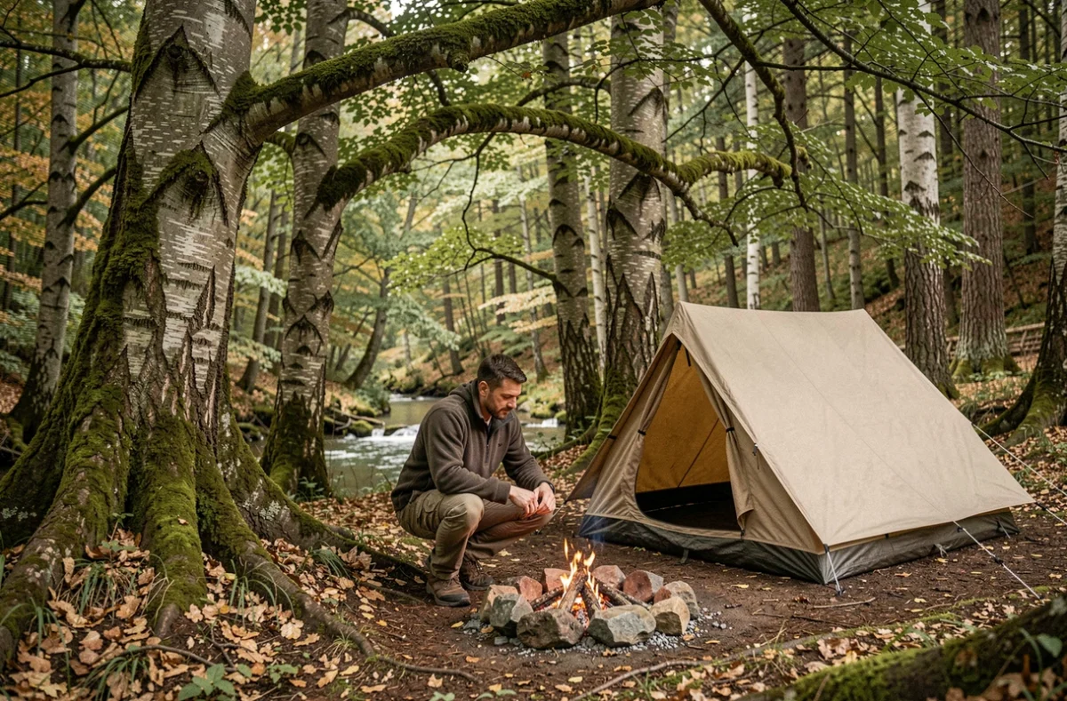 Campeur solitaire près d'un feu de camp dans une forêt dense au camping Le Bois de Reveuge dans le Doubs