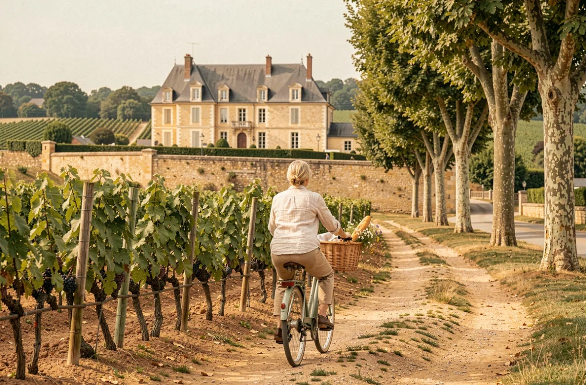 Femme à vélo entre les vignes devant le château au Camping du Château de l'Épervière en Saône-et-Loire