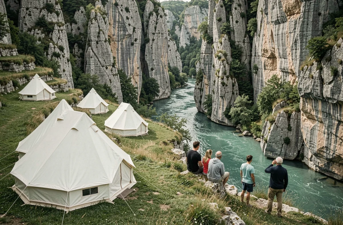 Camping Les Gorges du Haut Bugey avec des tentes en toile blanche surplombant une rivière turquoise encaissée dans des falaises calcaires