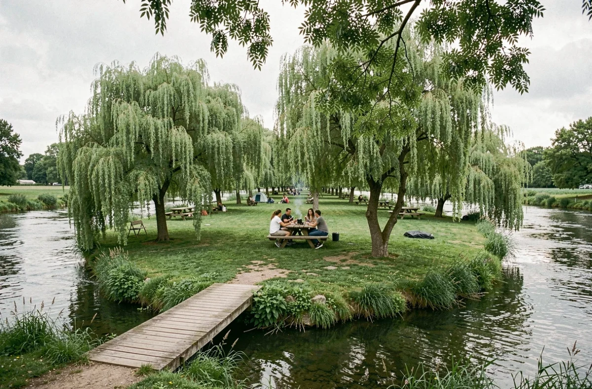 Camping Île de la Comtesse dans l'Ain avec emplacements verdoyants sur une île fluviale entourée de saules et traversée par une passerelle en bois