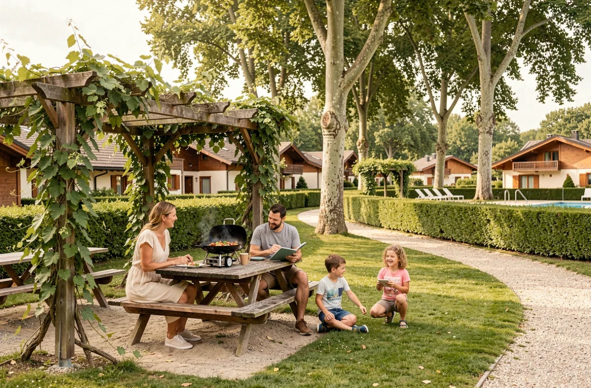 Famille se relaxant sous une pergola végétalisée au camping La Pergola dans le Jura, avec barbecue et aire de jeux en arrière-plan