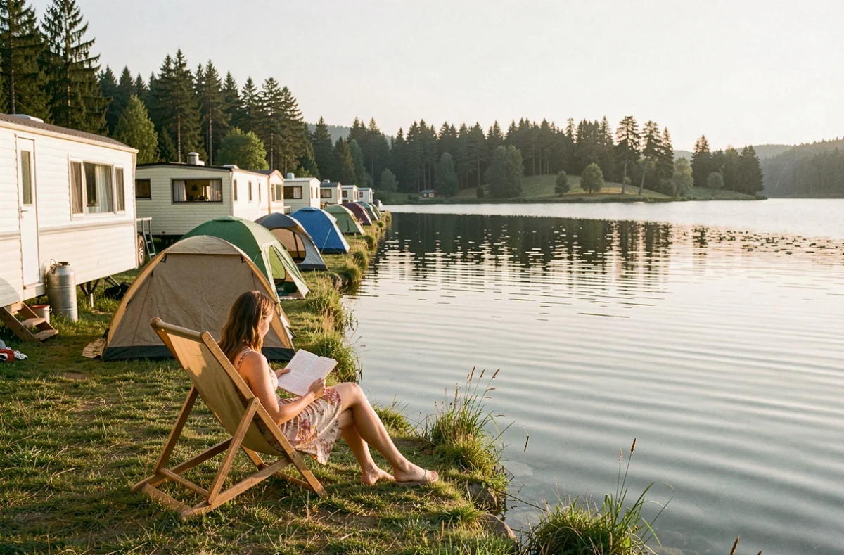 Camping du Lac de Cormoranche avec mobil-homes et tentes alignés au bord d'un lac calme et reflétant la forêt environnante