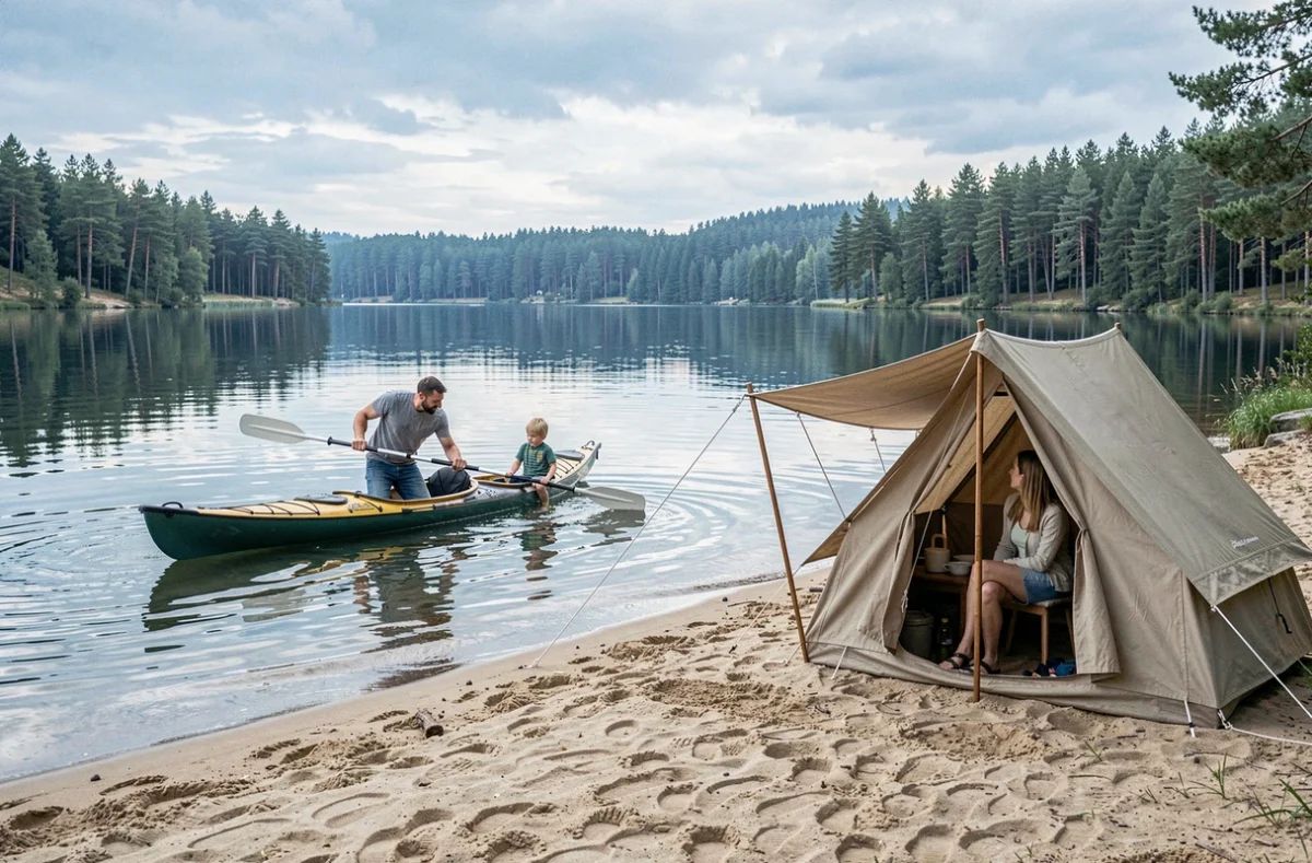Camping du Lac du Lit du Roi dans l'Ain avec plage de sable, kayak sur le lac calme et tente sous les pins au bord de l'eau