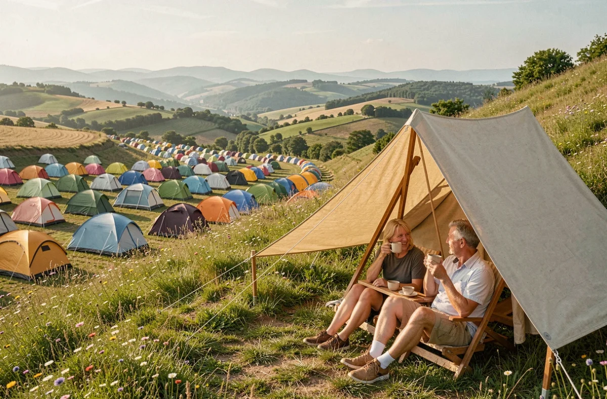 Camping Le Colombier dans l'Ain avec des emplacements en terrasse sur une colline fleurie et vue panoramique sur les collines du Bugey