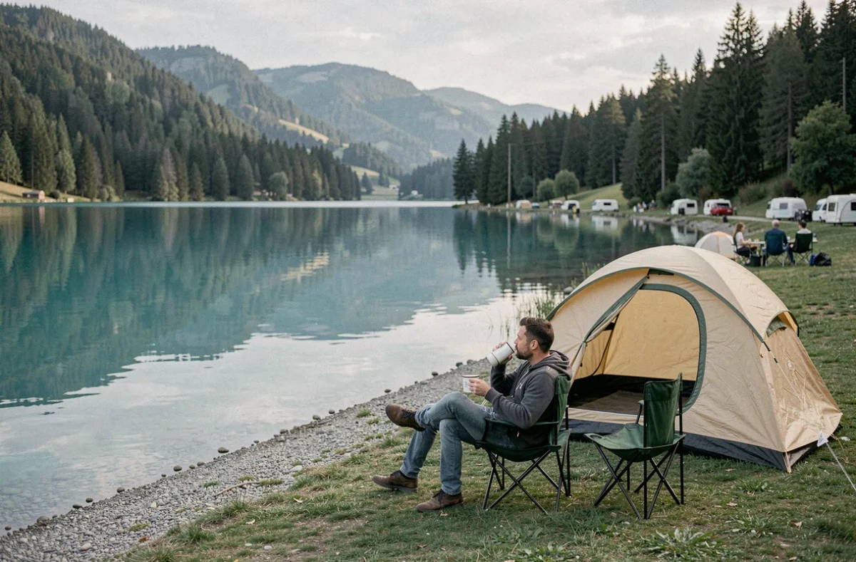 Couple installé en bord du lac de Clairvaux au camping Le Fayolan dans le Jura, tente et reflets sur l'eau turquoise