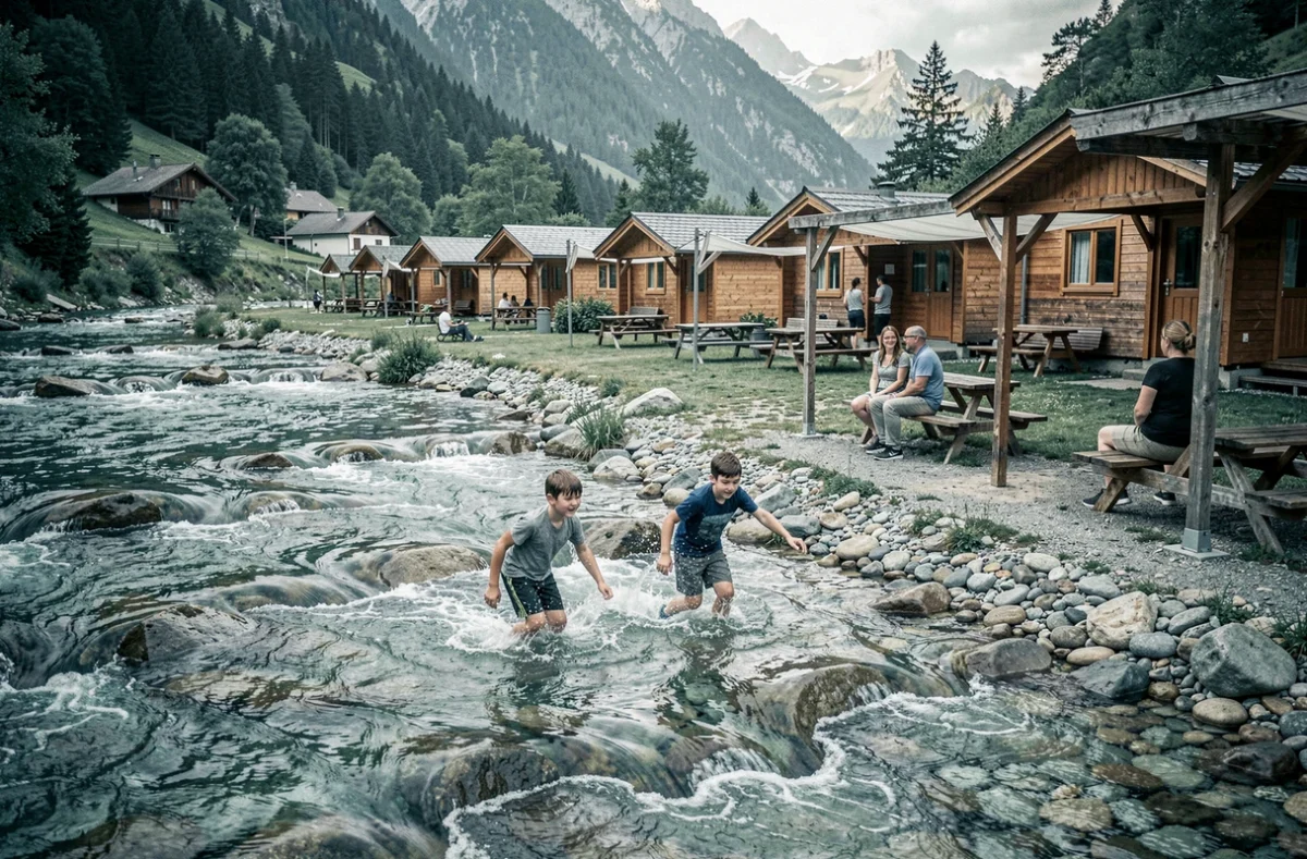 Camping Le Renom dans l'Ain avec des chalets en bois et des emplacements ombragés au bord d'un ruisseau de montagne limpide