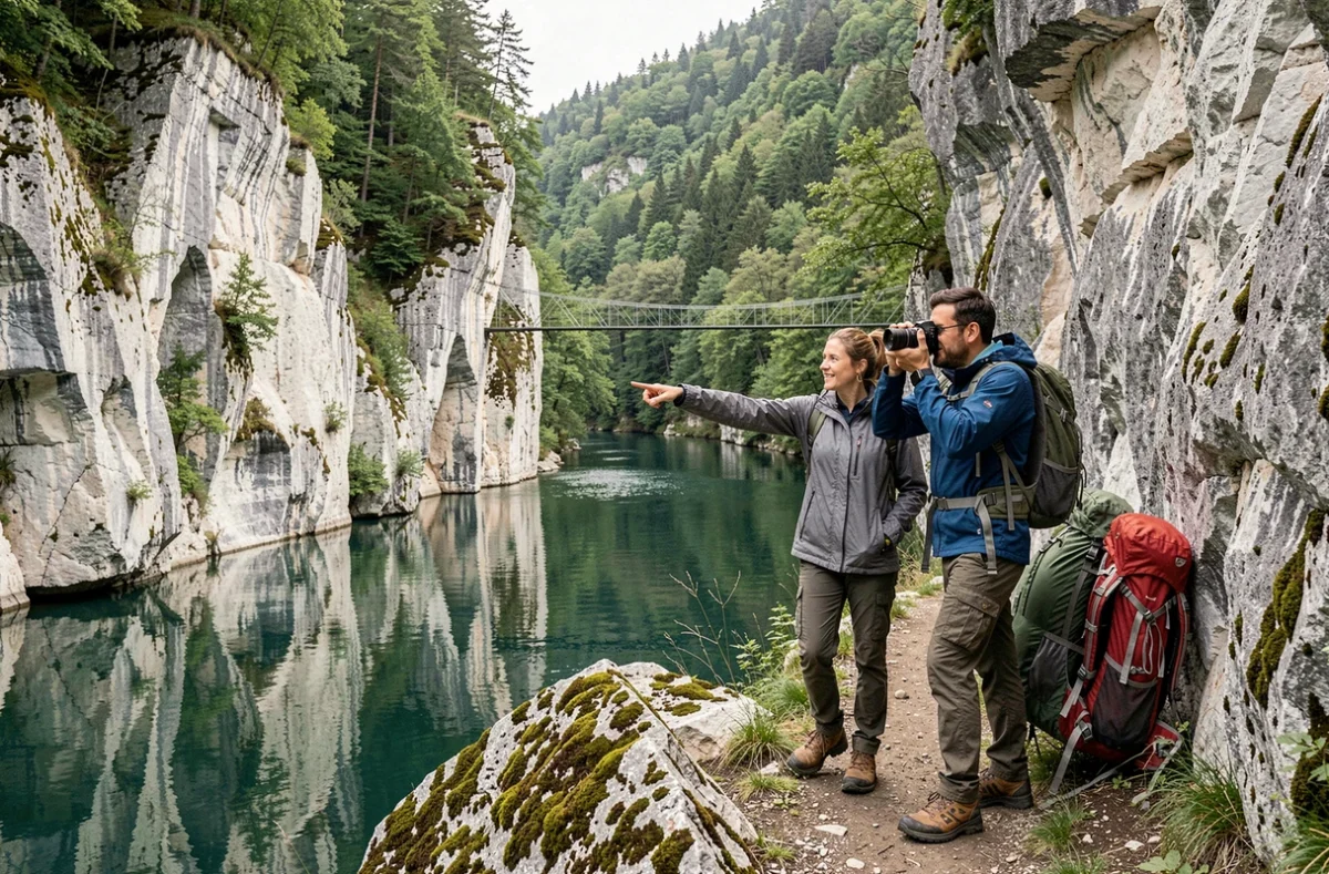 Couple de randonneurs le long de la Loue au camping Loue Lison dans la vallée du Doubs avec falaises calcaires