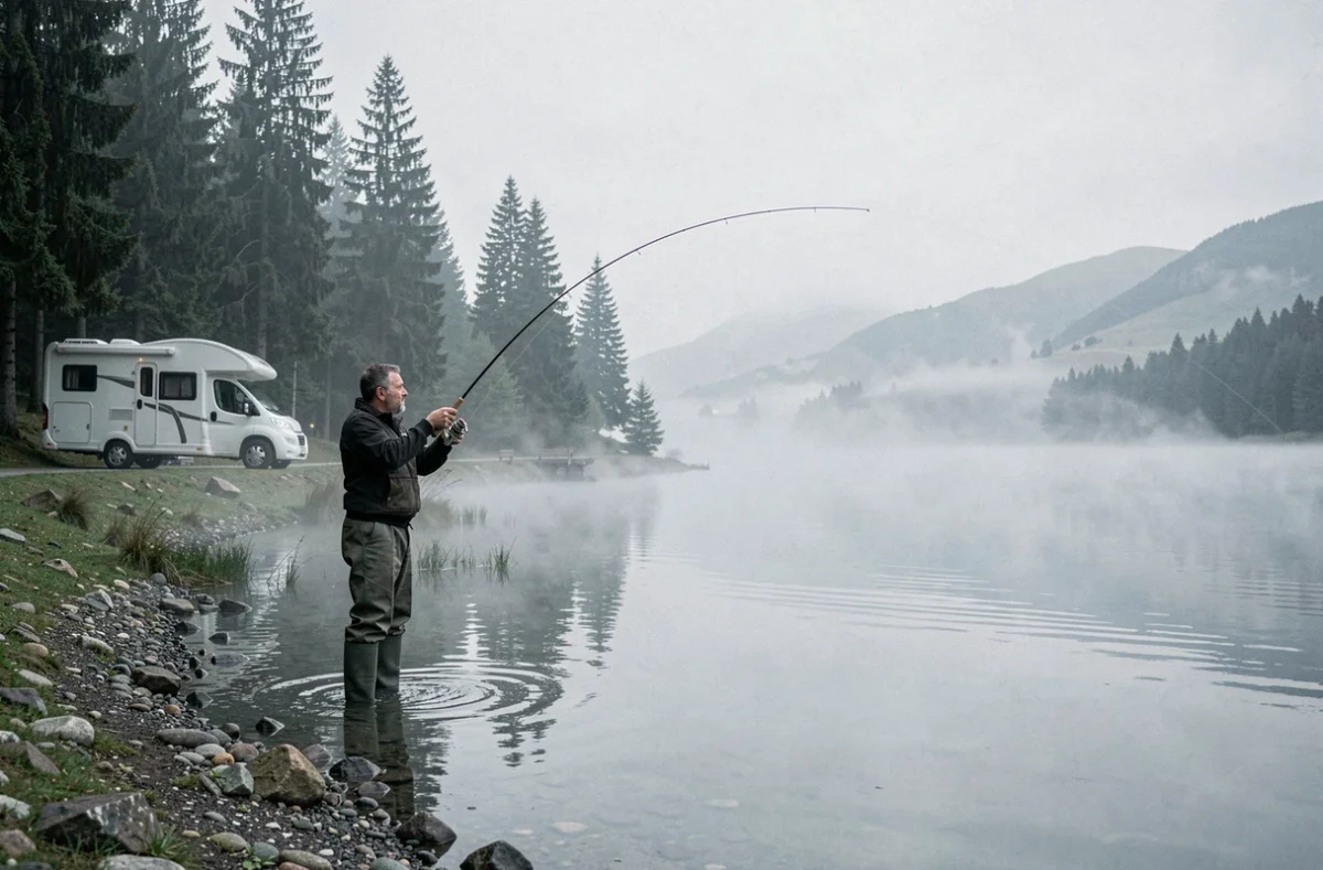 Pêcheur à la mouche dans la brume matinale sur le lac de Saint-Point au Camping du Mont d'Or dans le Haut-Doubs