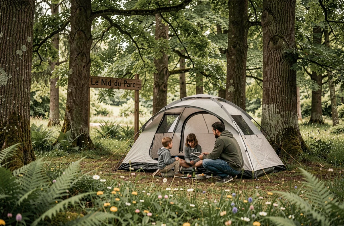 Camping Le Nid du Parc dans l'Ain avec une famille montant une tente sous de grands chênes dans un cadre forestier naturel