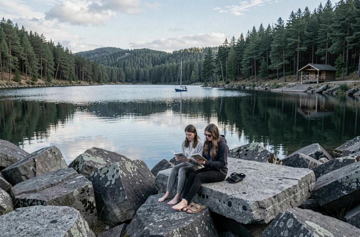 Deux femmes lisant sur des rochers en bord du lac des Settons au camping des Settons dans le Morvan en Nièvre