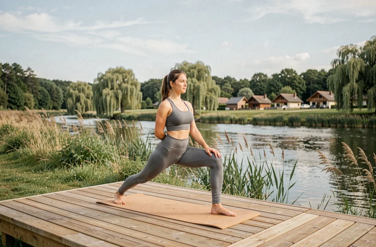 Femme pratiquant le yoga sur une terrasse en bois surplombant la rivière au camping Le Val de Bonnal en Franche-Comté