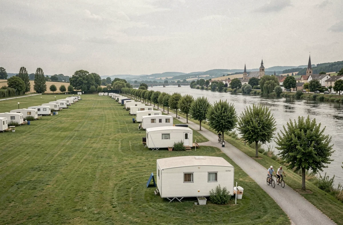 Camping du Val de Saône dans l'Ain avec mobil-homes et emplacements verts au bord de la Saône et clochers de village en arrière-plan