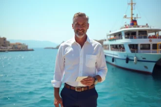 Capitaine de ferry grec souriant sur le quai avec mer bleue