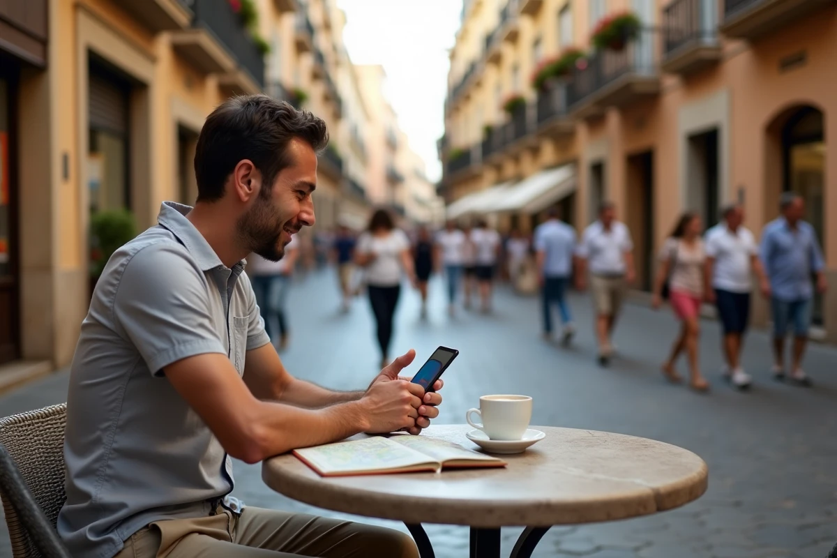 Homme consultant une carte numérique de Malaga sur smartphone dans un café en plein air du centre historique