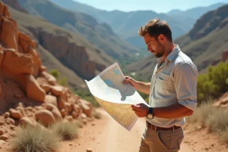 Randonneur consultant une carte papier du nord du Maroc dans la région du Rif