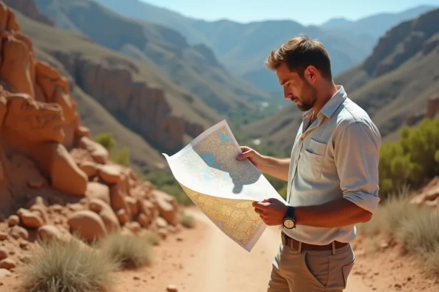Randonneur consultant une carte papier du nord du Maroc dans la région du Rif