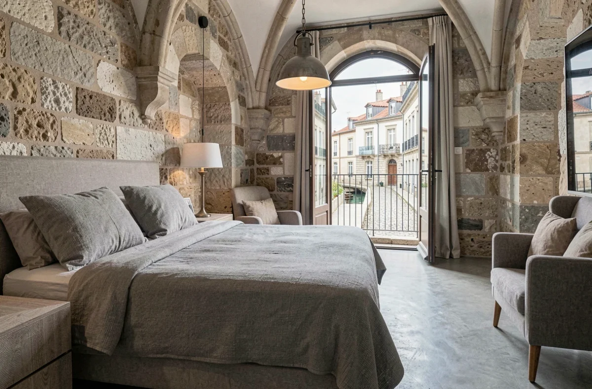 Chambre en Ville à La Rochelle, chambre d'hôtes urbaine dans un bâtiment historique avec murs en pierre calcaire et balcon sur les vieilles rues pavées