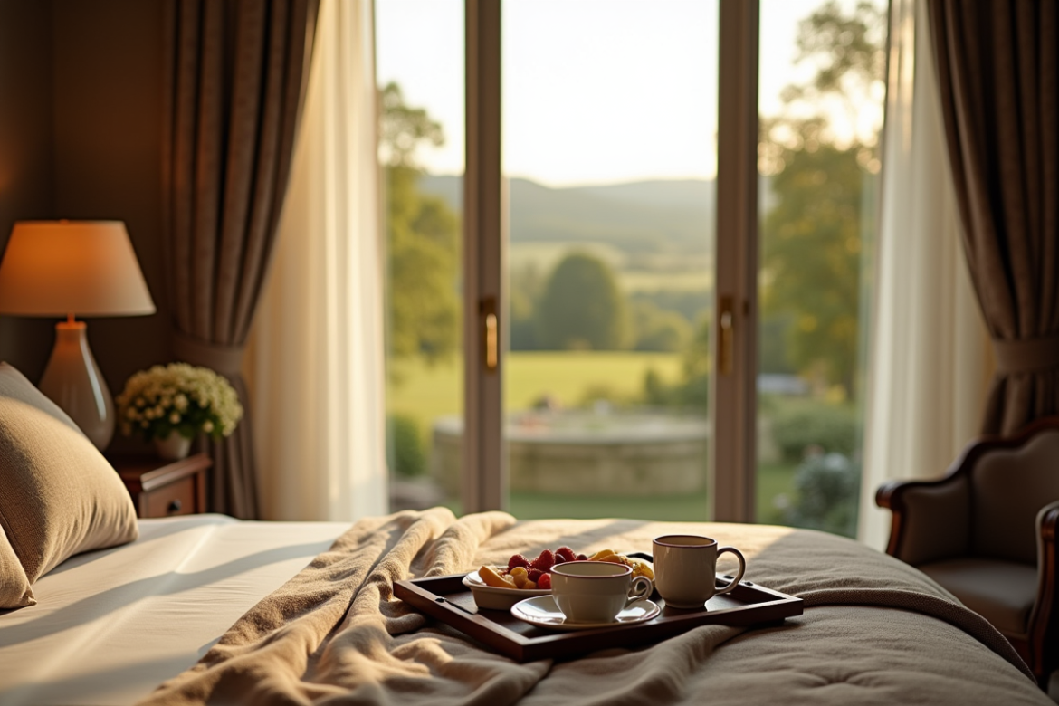 Chambre d'hôtel chaleureuse vue campagne française